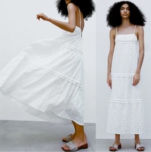 Zara White Eyelet Maxi Dress Pleated and Textured Small